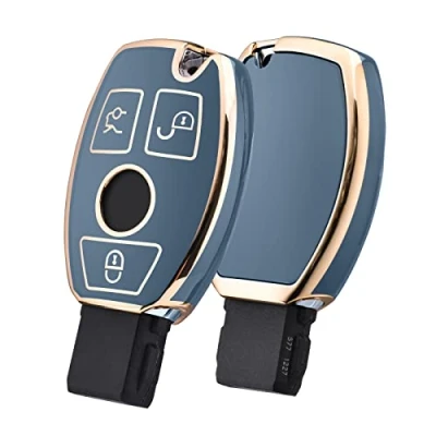 Abbildung von OATSBASF Autoschlüssel Hülle für Mercedes Benz, Schlüsselhülle Cover Benz W204 W211 2 3 Keyless Tasten A B C E Class (Goldener Rand Grau)