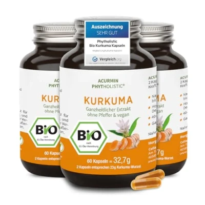 Abbildung von Stärkste Bio Kurkuma Kapseln ca. 15.000 mg Pulver pro Tagesdosis höchster Curcumin Gehalt 40 fach bioverfügbar ohne Pfeffer Curcuma hochdosiert vegan &amp; hochbekömmlich