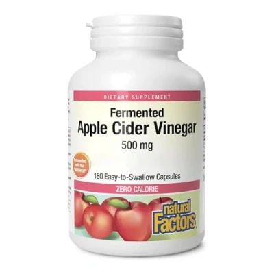 Abbildung von Natural Factors, Apple Cider Vinegar (Apfelessig), 500mg, hochdosiert, 180 vegane Kapseln, Laborgeprüft, Vegetarisch, Sojafrei, Glutenfrei, Ohne Gentechnik