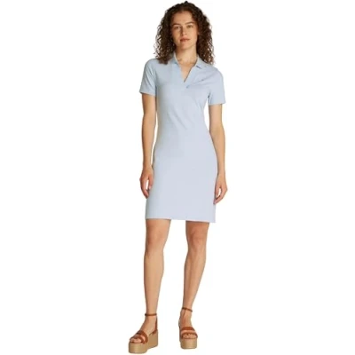 Abbildung von Tommy Hilfiger Damen Polokleid Slim Fit V Neck Kurz, Blau (Breezy Blue), L