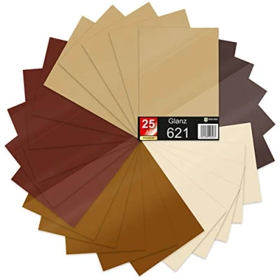 Abbildung von 25 x Din A4 Bögen Plotterfolie 621/631 Selbstklebende Folie im Set Vinyl zum Plotten DIY Bastelfolie Sticker Beschriftung Aufkleber 29,7x21cm (Brauntöne matt, 25er Set)