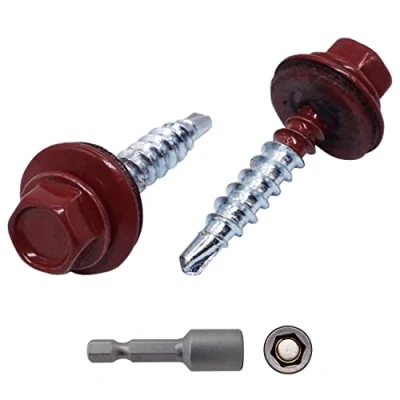Abbildung von (150 Stück) Metall Dachschrauben 4,8 x 25 mm lackierte selbstbohrende Schrauben mit EPDM Unterlegscheiben, Blech Sechskantschraube (150, Oxidrot RAL 3009)