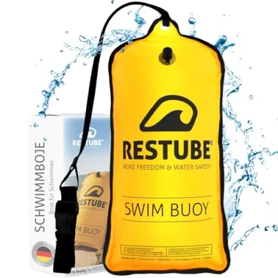 Abbildung von Schwimmboje by RESTUBE mit Verstellbaren Gürtel 12,5l Premium Sicherheitsgerät für Freiwasserschwimmen, 12,5 kg Auftrieb, PVC frei Ideal Triathlons, Kajakfahren, Höchst Sichtbar