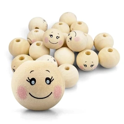 Abbildung von Netuno 18 Stück Holzkugeln mit lachendem Gesicht smiling face 20 mm x Holz Köpfe Engelsköpfe Natur Bastel Perlen für Makramee Deko Kugeln Augen zum Basteln Schmuck Holzperlen Loch rund