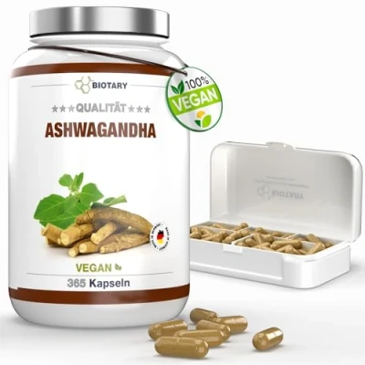 Abbildung von Ashwagandha 365 Kapseln 3000 mg Tagesportion inclusive Pillenbox indische Schlafbeere Hochdosiert Vegan Rein pflanzlich ohne Zusätze