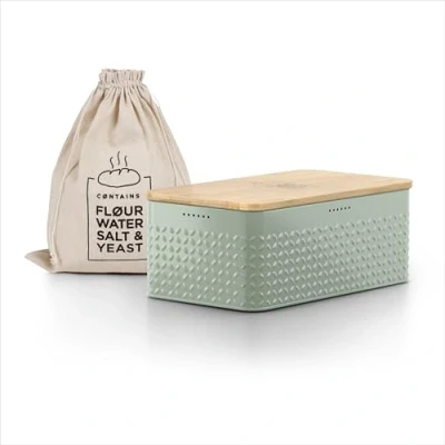 Abbildung von LARS NYSØM Brotkasten I Brotbox aus Metall mit Brotsack Leinen für langanhaltende Frische Brotdose hochwertigem Bambusdeckel verwendbar als Schneidebrett 34x18,5x13,5cm (Sage Green)