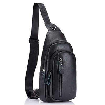 Abbildung von Xieben Sling Bag für Herren, Leder Brusttasche Crossbody Schulter Business Rucksack Geldbörse Reisen Wandern Taktische Outdoor Sport Schwarz