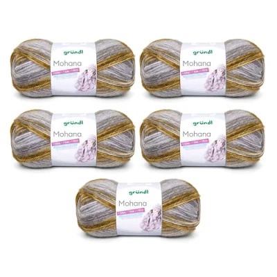 Abbildung von Gründl Wolle Mohanna Strick und Häkelgarn aus 90% Polyacryl, 10% Mohair, 5 x 100 g, dicke Wolle, hellgrau quitte oliv
