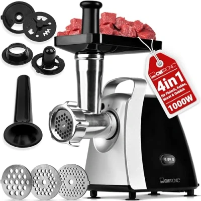 Abbildung von Clatronic® Fleischwolf 1000W mit Aufsatz für Plätzchen &amp; Spritzgebäck elektrisch 3 Metall Scheiben Vor /Rücklauf Wurstfüller Hals u. Schnecke FW 3803