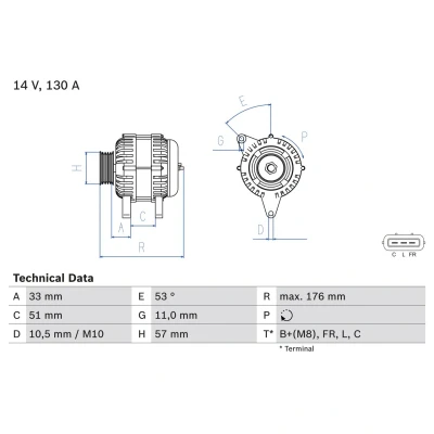 Abbildung von BOSCH 0 986 082 820 Lichtmaschine 14V 130A KIA: Pro cee‘d II Hatchback, Sportage III, Venga