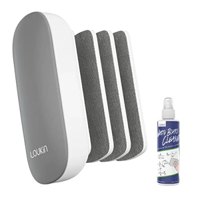 Abbildung von LOUKIN Austauschbarer trocken abwischbarer Radiergummi, magnetischer Whiteboard Radiergummi mit 3 austauschbaren Filzpads, 4 in 1 Glas Radiergummis, inklusive 30 ml Reiniger