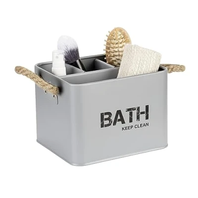 Abbildung von WENKO Badbox Gara mit 4 Fächern, Aufbewahrungsdose aus Stahl, trendiger Aufdruck, geflochtene Griffe, ideal für Bad und Gäste WC, 19 x 12,5 13 cm, Grau