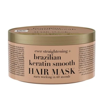 Abbildung von OGX Brazilian Keratin Smooth Hair Mask, glättende Haarmaske mit Protein, feuchtigkeitsspendende Haarpflege für krauses, lockiges oder welliges Haar, Anti Frizz Haarkur (300 ml)