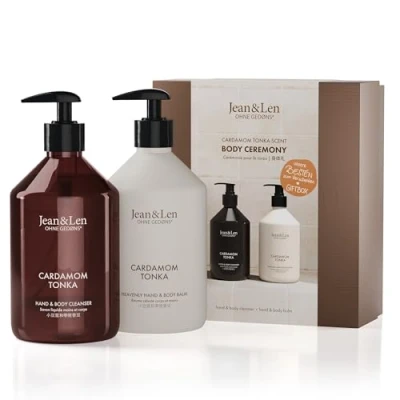 Abbildung von Jean &amp; Len Body Ceremony Cardamom Tonka, mit Hand Cleanser und Balm, hochwertige Geschenkbox, sanft würziger Duft, Verpackung ist FSC zertifiziert, veganes Geschenkset, 2 x 500 ml