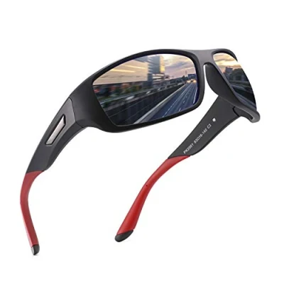 Abbildung von PUKCLAR Sonnenbrille Herren Polarisierte Sportbrille Radsportbrillen Fahrerbrille Damen UV400 Schutz, L, C3 Schwarz / Blau Verspiegelt