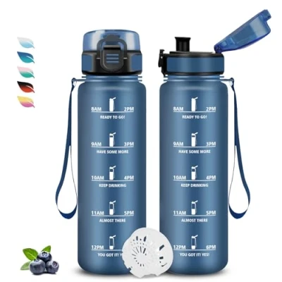 Abbildung von Trinkflasche 1l, Sport, Kohlensäure Geeignet, Auslaufsicher, mit Zeitmarkierung und Filter, Leicht zu Reinigen, für Fitness, Schule