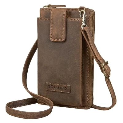 Abbildung von STILORD &#039;Nelly&#039; Geldbörse mit Handyfach Leder 3 in 1 Handytasche Umhängetasche Portemonnaie zum Umhängen Handy Damen Vintage Echtleder, Farbe:mittel braun