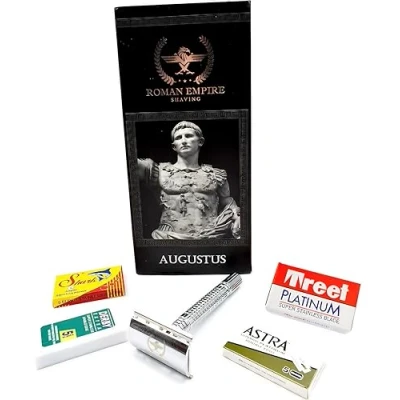 Abbildung von Roman Empire Shaving® Rasierhobel Augustus Eleganter Safety Razor für Damen &amp; Herren Nassrasierer Set inkl. 20 Rasierklingen von Astra, Derby, Shark, Treet Rasier