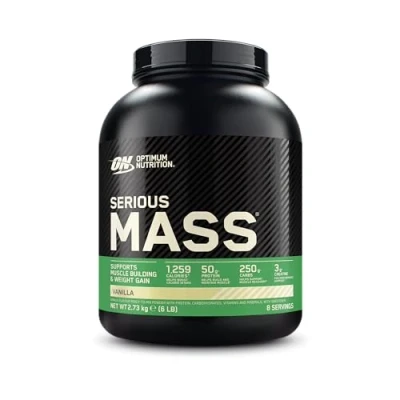Abbildung von Optimum Nutrition Serious Mass hochkalorisches Proteinpulver für Masseaufbau mit 25 Vitaminen und Mineralien, Kreatin Glutamin, Vanillegeschmack, 8 Portionen, 2,73 kg
