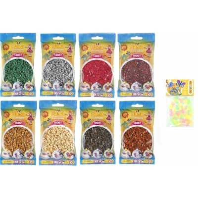 Abbildung von Happy Price Toys Hama Midi Bügelperlen (Kon 15) Konvulut 8 Farben (Grün,Braun,Grau,Rotbraun,Hellbraun,Beige,Violettrot,Maulbeer) + Bügelanleitung mit 3 Design Vorlagen
