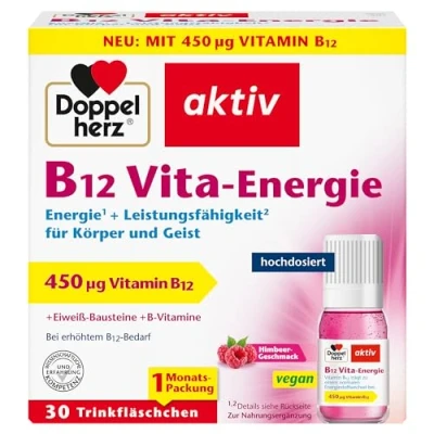Abbildung von Doppelherz B12 Vita Energie Vegan und hochdosiert mit 450 µg Vitamin pro Trinkfläschchen 30 Himbeer Geschmack