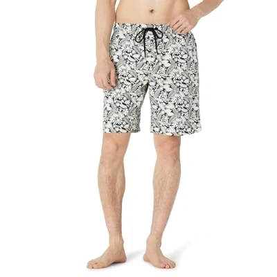 Abbildung von Amazon Essentials Herren 23cm Badehose mit Netzfutter, Taschen und Kordelzugverschluss, Schwarz Elfenbein Tropische Blätter, L