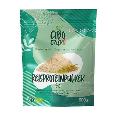Abbildung von Reisprotein Pulver Bio 500g. Reis Protein Vegan und Glutenfrei. Reisproteinpulver aus Kontrolliert Biologischem Anbau. Organic Rice Powder.