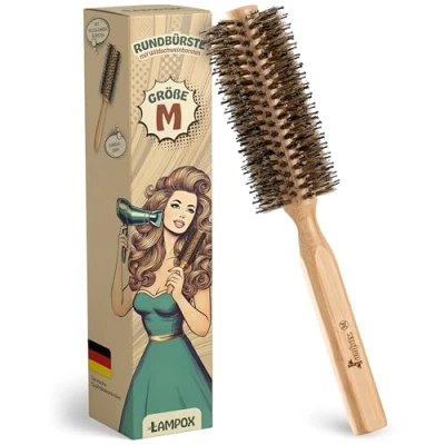 Abbildung von lampox Rundbürste zum Föhnen mit Wildschweinborsten für Volumen und Glanz, Rundhaarbürste, Stylingbürste Frauen Männer, Glätten, Locken (M)