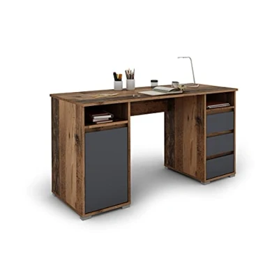 Abbildung von byLIVING Lobo 02 Schreibtisch mit robuster Melamin Oberfläche in Old Style Optik anthrazit, 3 Schubläden sowie 1 Tür für mehr Stauraum, Holzwerkstoff Spanplatte, braun, B 138, H 75, T 55 cm
