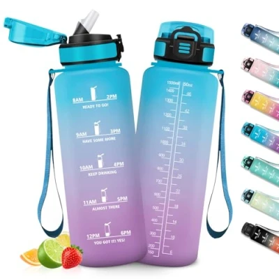 Abbildung von HoneyHolly Trinkflasche 1,5 L mit Strohhalm, Kohlensäure Geeignet, Sport Zeitmarkierungen, Auslaufsichere und BPA frei, Wasserflasche Blau &amp; Grün