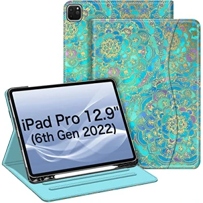 Abbildung von Fintie Hülle für iPad Pro 12.9 Zoll 2022 (6. Generation) / 2021/2020/2018 mit Stifthalter, Multi Winkel Betrachtung Folio Stand Schutzhülle Dokumentschlitze, Jade