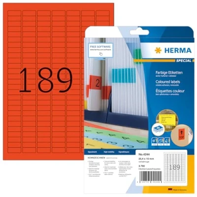 Abbildung von HERMA 4244 Farbige Etiketten rot ablösbar, 20 Blatt, 25,4 x 10 mm, 189 pro A4 Bogen, 3780 Stück, selbstklebend, bedruckbar, matt, blanko Papier Farbetiketten Aufkleber