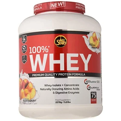 Abbildung von All Stars 100% Whey Protein 2270g I Eiweiß Pulver mit Konzentrat &amp; Isolat leckeres Low Fat Powder hochwertiges cremiger Shake Peach Yoghurt Flavour