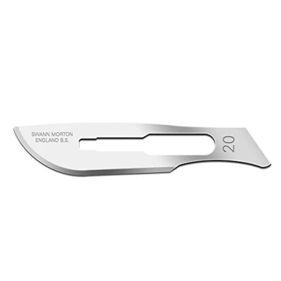 Abbildung von Swann Morton Sterile Klingen aus Kohlenstoffstahl zum Einmalgebrauch, Nr. 20, 100 in einzelnen Verpackungen Metallfolie.
