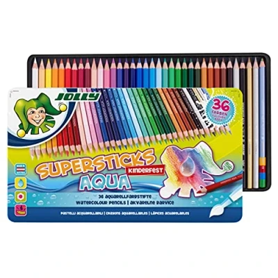 Abbildung von JOLLY Superstick Aqua Buntstifte 36 Wasservermalbare Farbstifte, Aquarellierbar, Bruchsicher mit 3.8 mm Mine, Verstärkter Holzmantel, Ideal für Kinder ab 5 Jahren