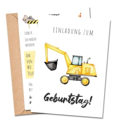 Abbildung von MeinBaby123® 10 Einladungskarten Kindergeburtstag Jungs süße Geburtstagseinladungen für Kinder Bagger inkl. Briefumschläge Premium Qualität (Bagger V2)
