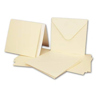 Abbildung von 50x Quadratisches Karten Set mit Briefumschlägen &amp; Einleger 13,5 x cm Creme/Elfenbein quadratische blanko Einladungen für Hochzeit und Feste