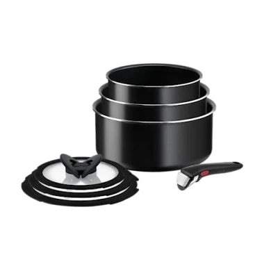 Abbildung von Tefal Ingenio Easy ON Try Me Pfannenset, 7 teilig, stapelbar, abnehmbarer Griff, platzsparend, antihaftbeschichtet, schwarz, L1599602