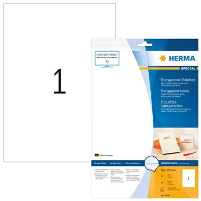 Abbildung von HERMA 8964 Folienetiketten für Inkjet Drucker transparent, 10 Blatt, 210 x 297 mm, 1 pro A4 Bogen, Stück, selbstklebend, bedruckbar, glänzend blanko Klebeetiketten Aufkleber Tintenstrahldrucker