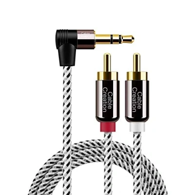Abbildung von CableCreation 3,5 mm auf Cinch Kabel, Winkel Stecker zu 2 x Stecker, Aux Stereo Audio und vergoldeter Splitter, für Smartphones, MP3, Tablets, Lautsprecher, Heimkino, HDTV, ca. 1m 3Ft