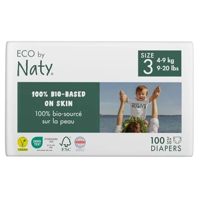 Abbildung von Eco by Naty Baby Öko Windeln umweltfreundliche Premium Bio aus pflanzenbasierten Materialien, ideal für empfindliche Babyhaut (Größe 3 100 Stück)