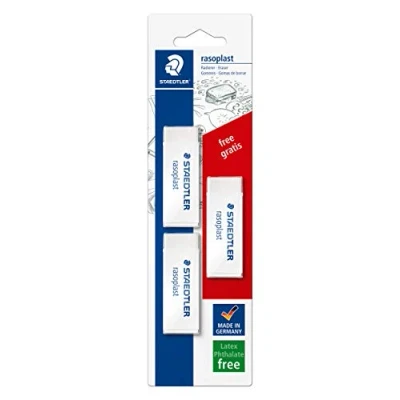 Abbildung von STAEDTLER 526 B20BK3P Radierer rasoplast phtalat und latexfrei, 65 x 13 23 mm, 3 Stück auf Blisterkarte, 1 gratis, weiß