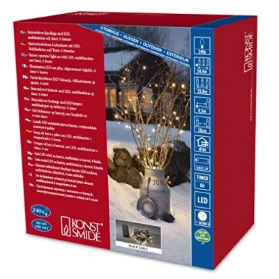 Abbildung von Konstsmide 3733 100 LED Lichterkette / für Außen (IP44) Batteriebetrieben: 4xD 1.5V (exkl.) 6h Timer mit 8 Funktionen, Steuergerät und Memoryfunktion 240 Dioden schwarzes Kabel, Warmweiß