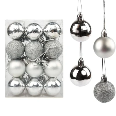 Abbildung von Yisscen Weihnachtskugeln Baumschmuck, Christbaumkugeln, Dekokugeln Weihnachten, Matt Glänzend Glitzernd Dekokugeln, Baumkugeln für Weihnachten Hochzeitsfest Dekoration, 24 Stück (Silber)