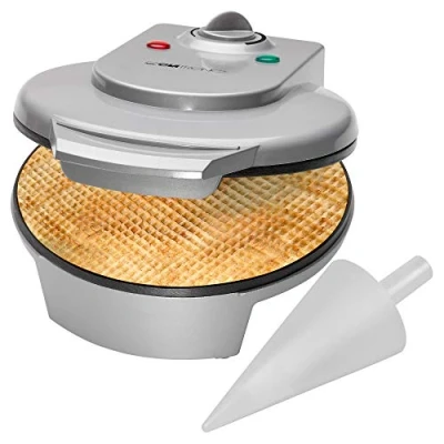 Abbildung von Clatronic® Hörnchenautomat für hauchdünne Waffeln ideal Eis Waffelhörnchen Backfläche Ø 18 cm inklusive Hörnchenkegel antihaftbeschichtet regelbarer Bräunungsgrad 1200 Watt HA 3494