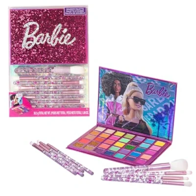 Abbildung von Townley Girl Barbie Lidschatten Palette mit 35 Mulden, leuchtende und deckende Farben, mischbare Pigmente, 8 Anwendungspinsel, ungiftig 8+, perfekt für Partys, Übernachtungen Verjüngungen