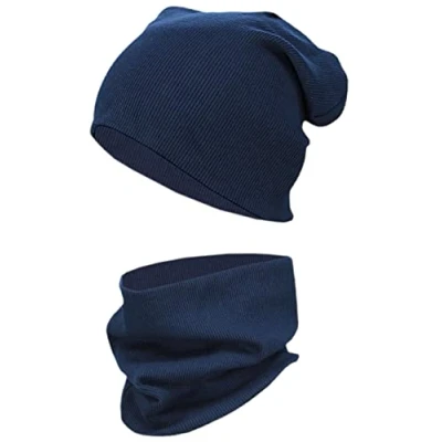 Abbildung von TupTam Kinder Mütze/Beanie und Schlauch Schal Set aus Jersey Rippstoff, Farbe: Rippstoff Dunkelblau, Größe: 52 56