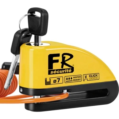 Abbildung von FR SECURITE FR7Y Bremsscheibenschloss Motorrad Schloss Alarm 110dB, Wasserdicht, Klickschloss 7mm, Schlosstasche und Rückrufkabel 1,5m Scheibenschloss Bremsschloss Motorradschloss für Moto Fahrrad