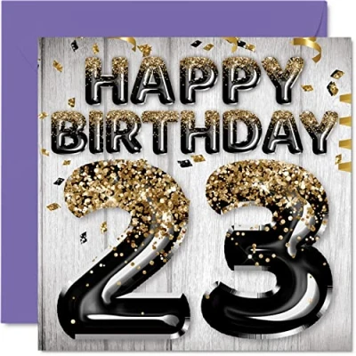 Abbildung von Geburtstagskarte zum 23. Geburtstag für Männer schwarze und goldene Glitzerballons Happy Karten 23 Jahre alten Mann Son Bruder Onkel Cousin, 145 mm x Geburtstagskarten Geschenk
