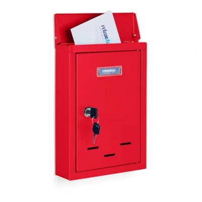 Abbildung von Relaxdays Letterbox with Nameplate Briefkasten mit Namensschild, aus Metall, 2 Schlüsseln, Postkasten schmal, HxBxT: 30,5 x 21 7 cm, rot, 90% Eisen 10% Kunststoff, 1 Stück
